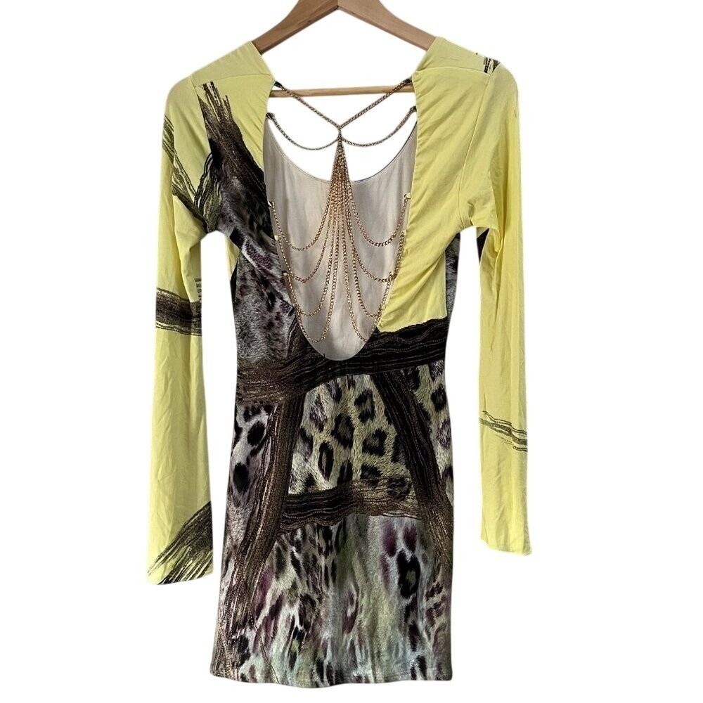NEW Sky Mini Dress Leopard & Chains Open Back Animal Print Large